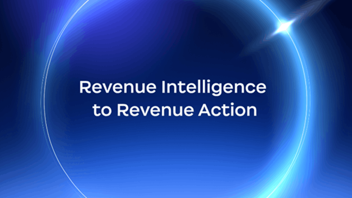 Graphic displaying the phrase "Revenue Intelligence to Revenue Action," representing Zoom Revenue Accelerator's AI-powered sales workflow enhancements