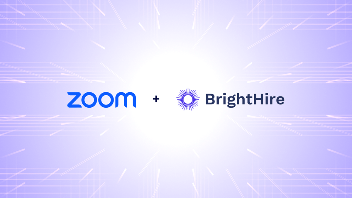 Zoom and BrightHire’s logos over a violet background with streaks of light