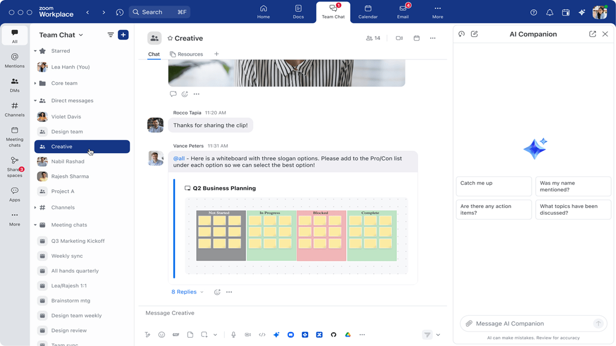 Zoom Workplace has been upgraded with productivity-enhancing features, including a redesigned Team Chat sidebar, code-sharing tools, and Zoom Phone Push to Talk.