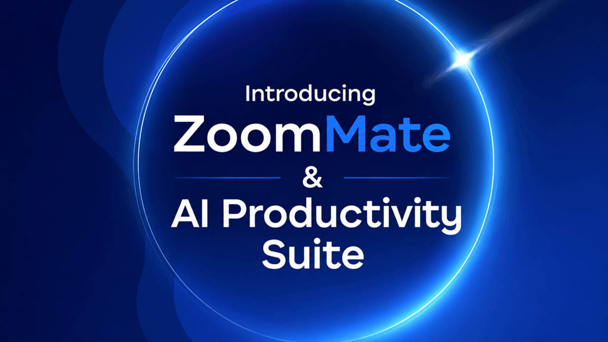 Promotional graphic announcing ZoomMate and the AI Productivity Suite, featuring white text on a blue gradient background with glowing circular design elements
