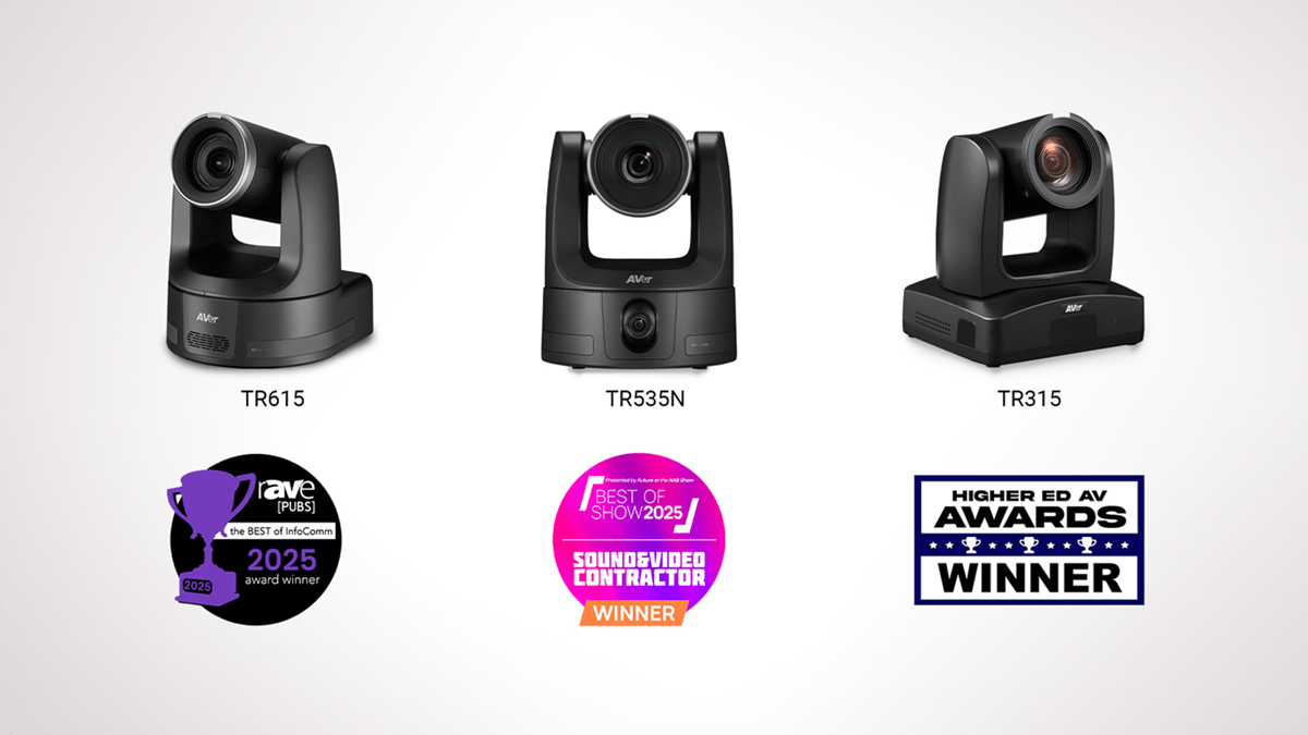 AVer’s TR615, TR535N, and TR315 camera models displayed over a white background with their respective awards