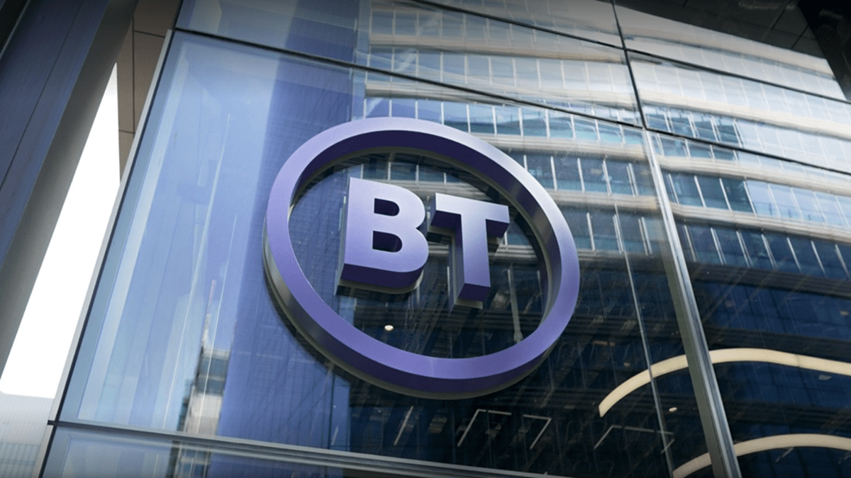 BT logo displayed on the exterior of a corporate office building