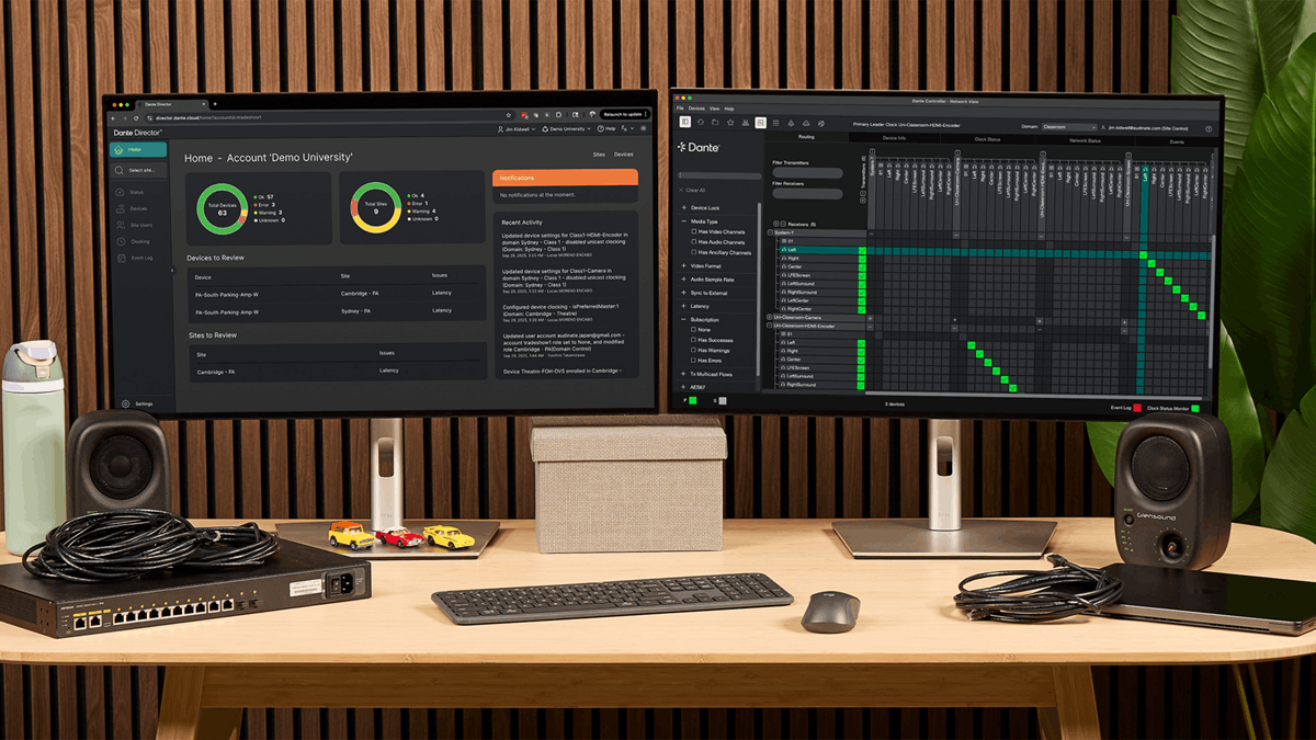 Dual-monitor workspace displaying Dante Director Professional interface alongside audio network routing matrix, with AV hardware, cables, and speakers arranged on a desk