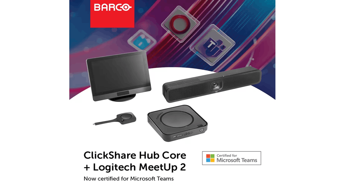 Promotional image showing the Barco ClickShare Hub Core and Logitech MeetUp 2 bundle certified for Microsoft Teams Rooms