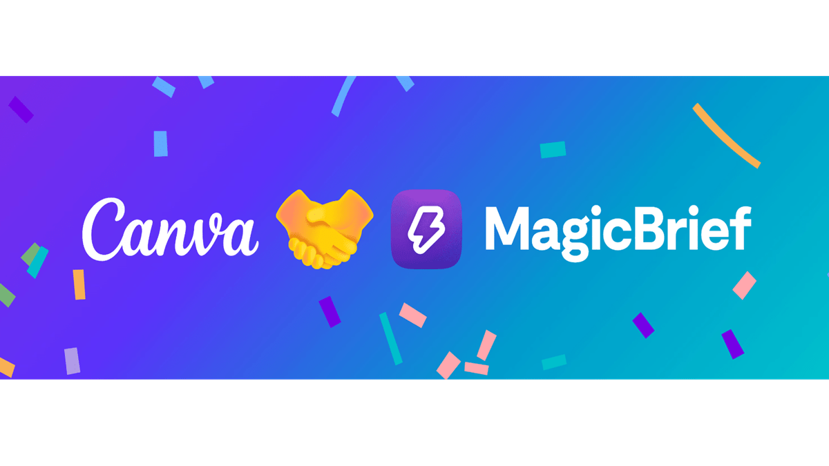A vibrant image featuring the Canva logo, a handshake emoji, and the MagicBrief logo on a gradient blue and purple background with colorful confetti