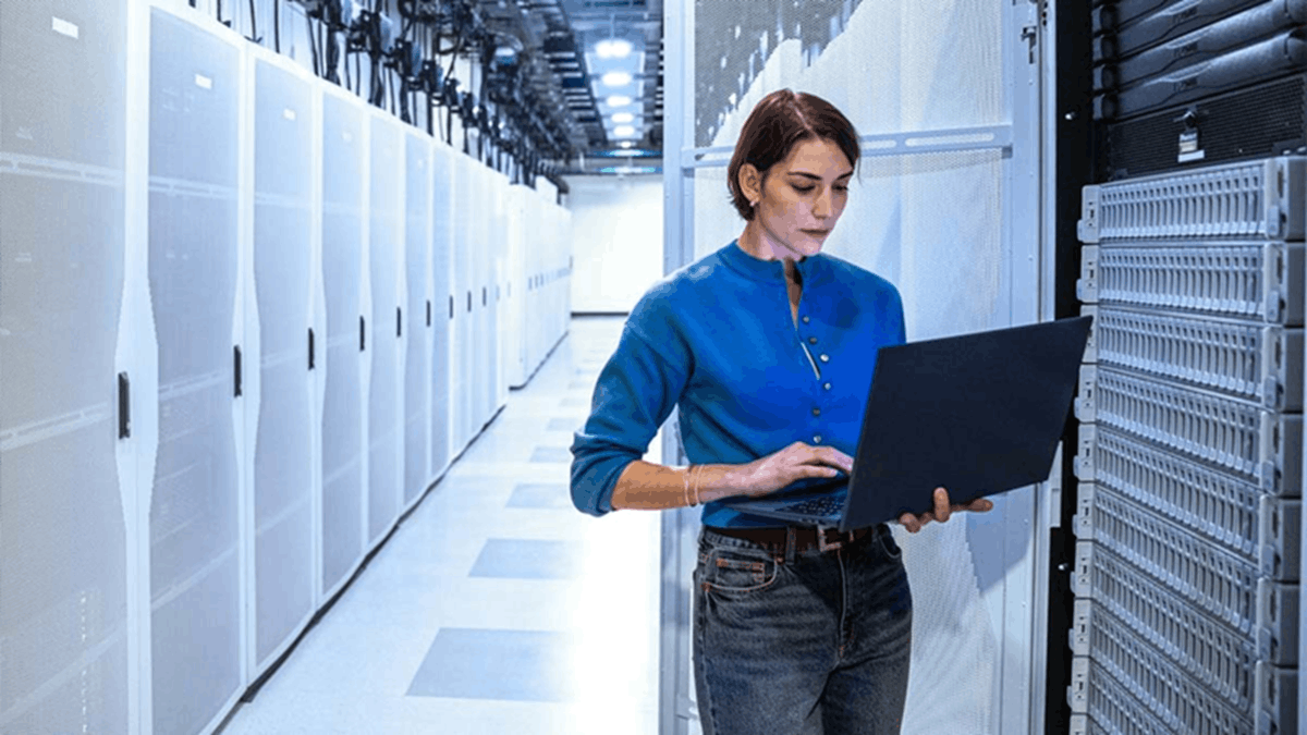 An IT professional managing servers in a data center