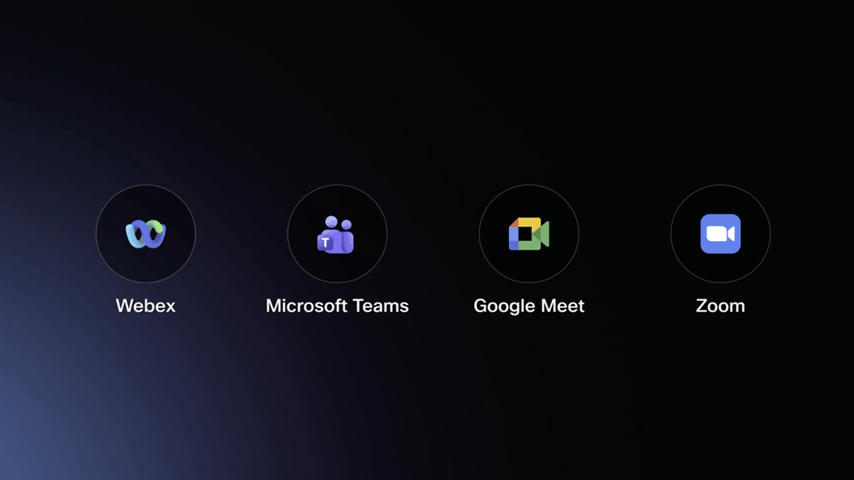 Cisco collaboration device interface showing meeting platform options, including Webex, Microsoft Teams, Google Meet, and Zoom
