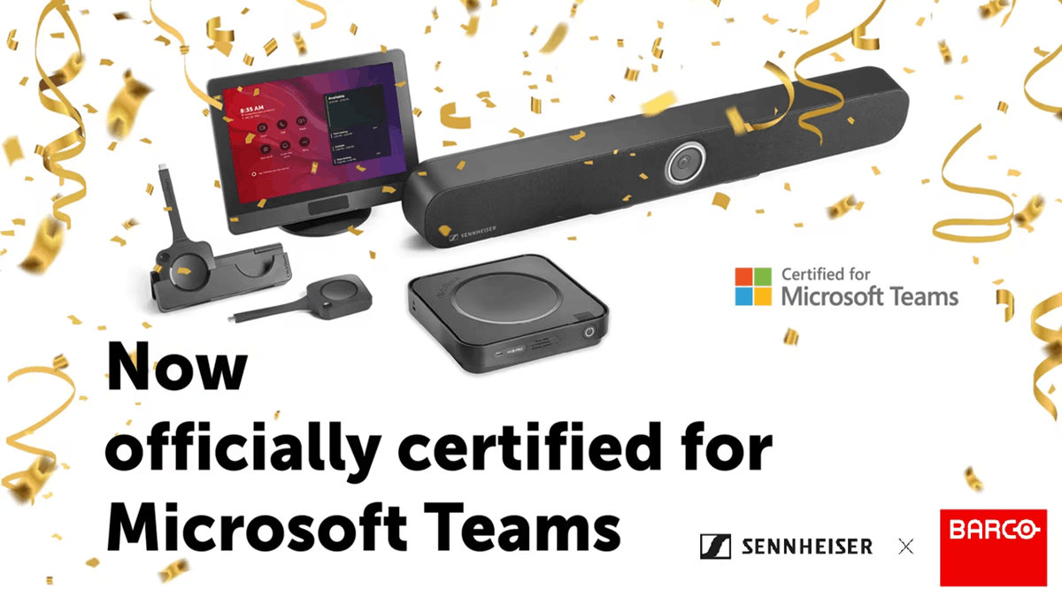 Barco’s ClickShare bundle products with Sennheiser over a white background with confetti to celebrate Microsoft Teams certification