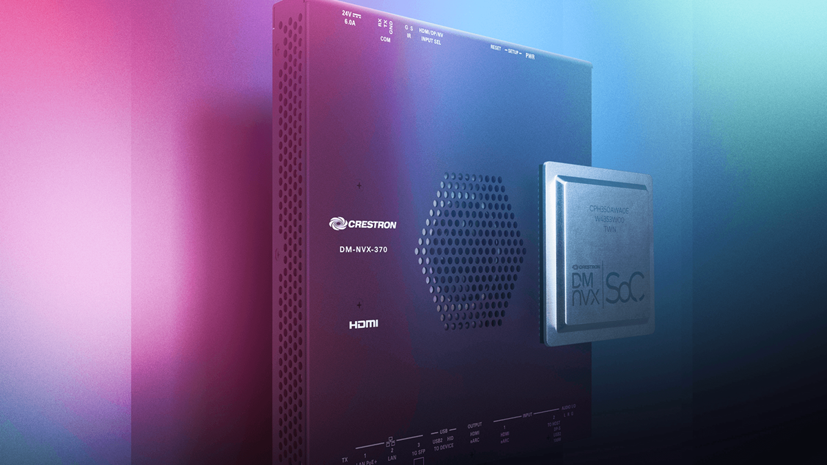 Crestron DM-NVX-370 AV-over-IP device displayed beside the custom DM NVX System-on-Chip against a blue and magenta background