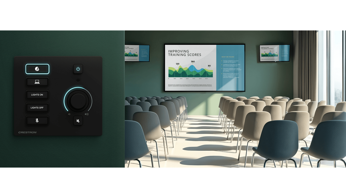 Crestron MPC4 wall-mounted control interface installed beside a modern presentation room with seating and multiple display screens