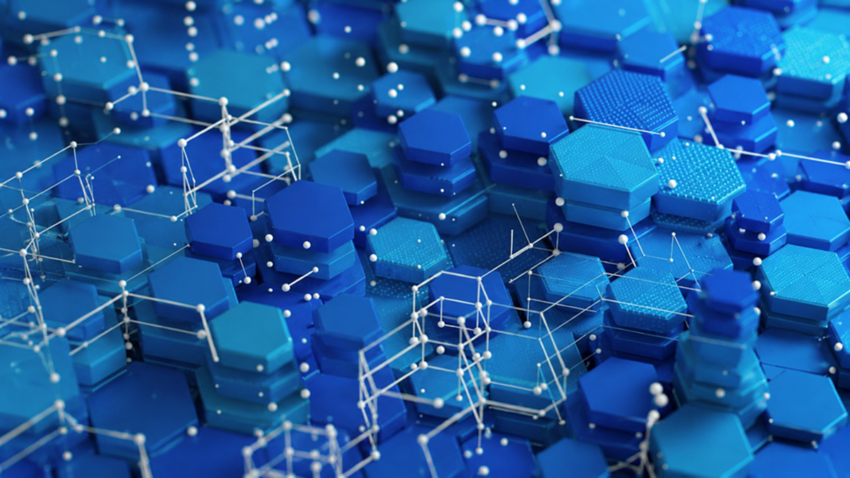 Abstract 3D illustration of blue hexagonal blocks connected by white network lines, representing AI infrastructure, software-defined storage, and data connectivity