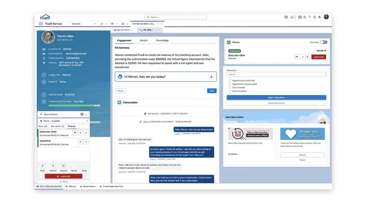 Five9 Fusion for Salesforce is a fully integrated solution combining Five9’s real-time system of action with Salesforce’s AI-driven CRM platform.