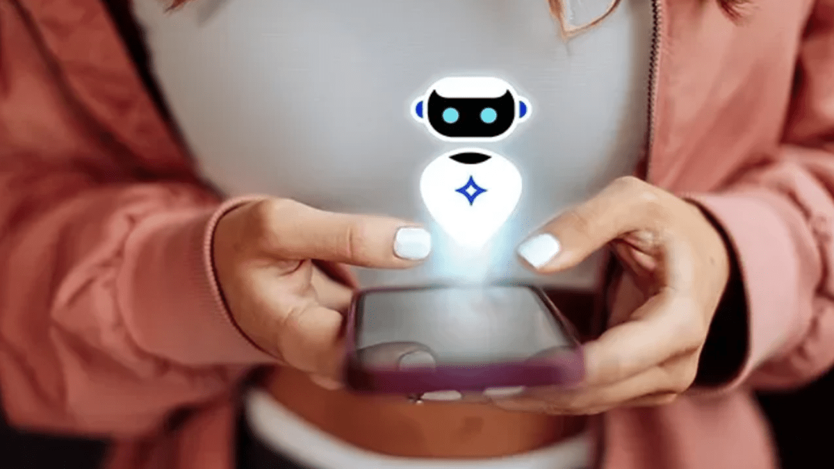 A woman holding a smartphone with a holographic robot icon emerging from the screen, representing Five9’s AI agents