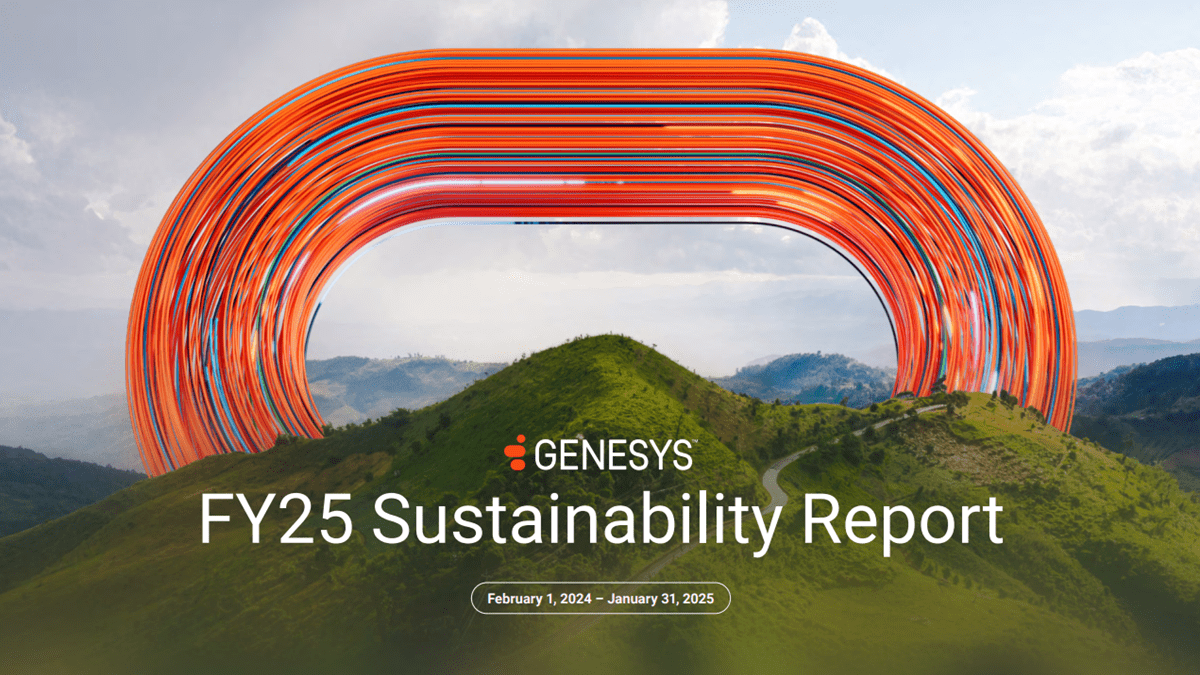 Genesys’ logo above the title “FY25 Sustainability Report” with a mountain range background
