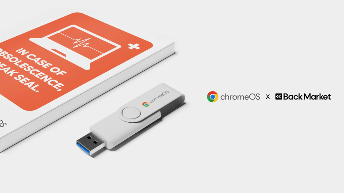 ChromeOS Flex USB drive beside packaging with ChromeOS and Back Market logos, highlighting a kit designed to upgrade older computers