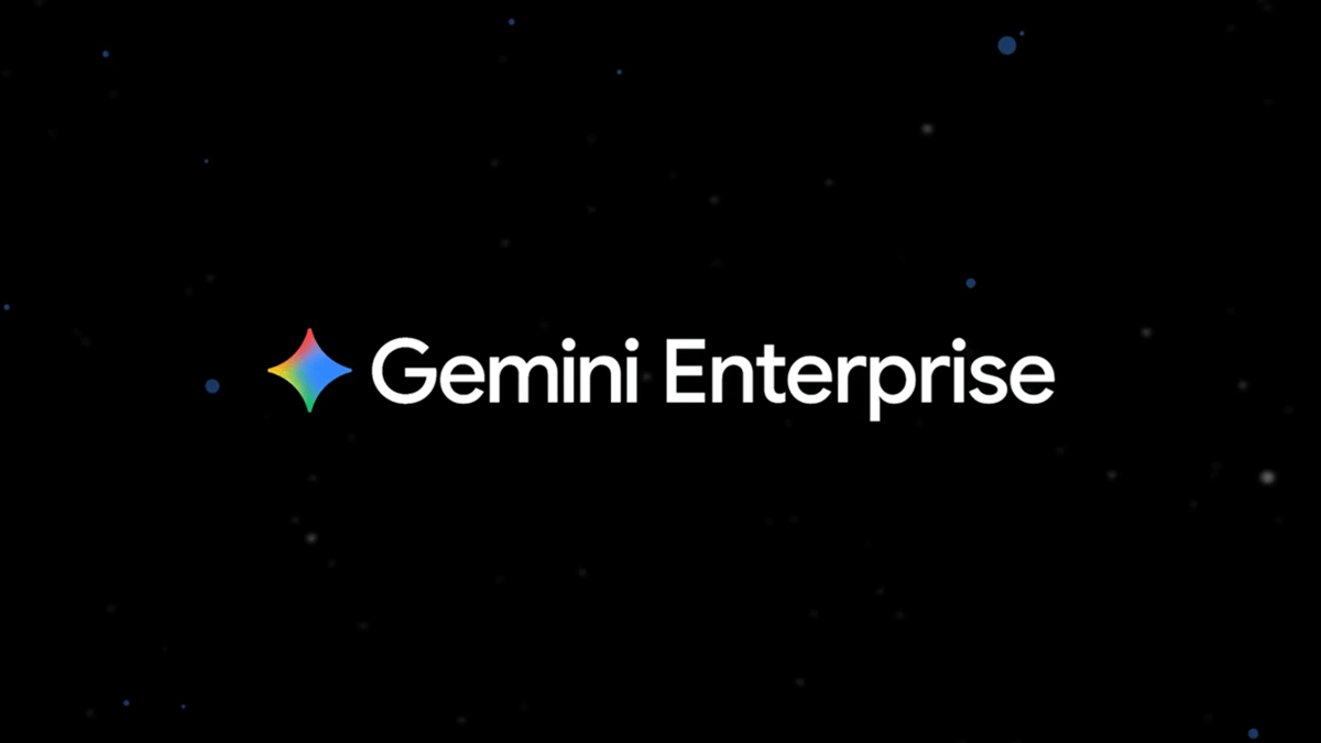 Google Gemini’s logo with the text “Gemini Enterprise” on a black background