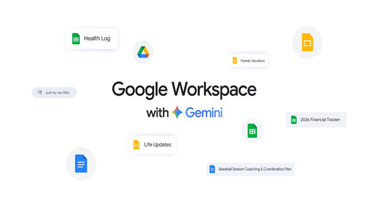 Google Workspace with Gemini branding surrounded by productivity app icons and document labels