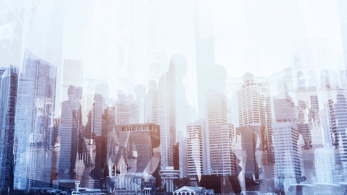 Double-exposure illustration of business professionals overlaid on a modern city skyline, representing enterprise AI, digital workplace transformation, connected operations, and the future of work