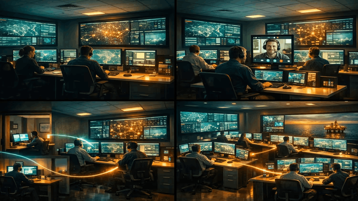Control room operators collaborating across connected sites with shared monitoring systems