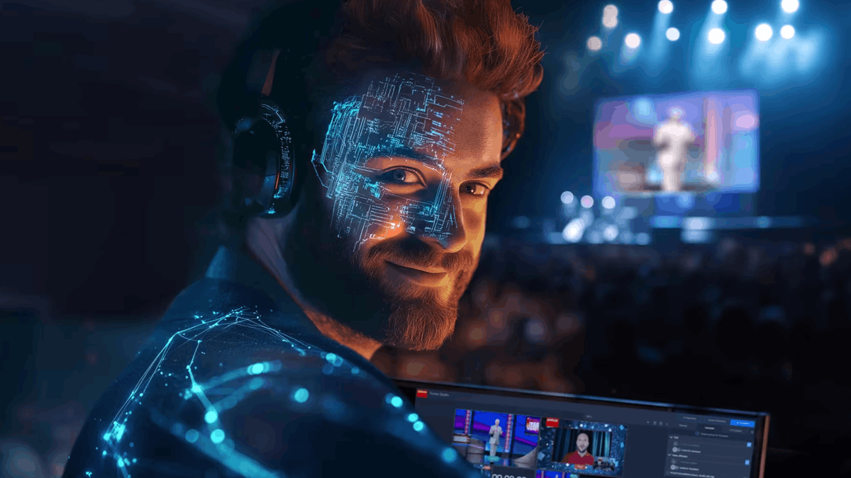 A corporate production employee using Barco’s SwiftAgent software-based switcher on a laptop