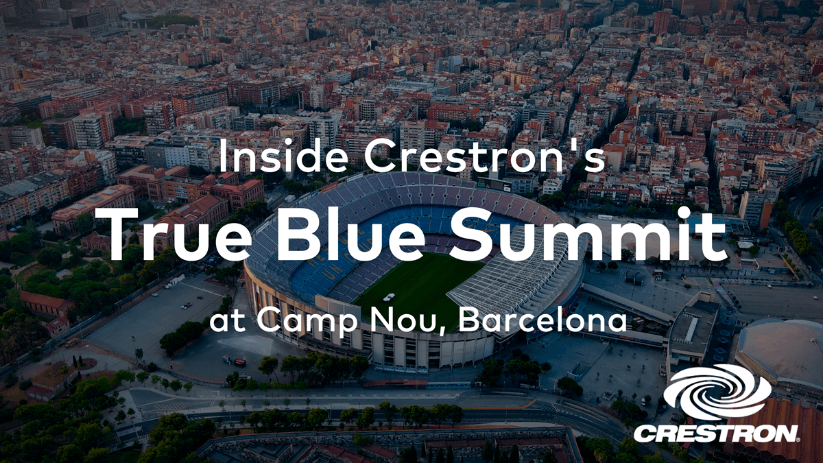 Craig Durr speaks with Crestron leaders Brad Hintze, Alex Peras, and Joel Mulpeter at the True Blue Summit in Barcelona