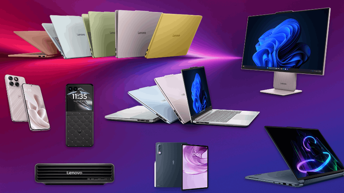 Lenovo laptops, smartphones, tablets, desktops, displays, and other devices showcased as part of its Hybrid AI portfolio