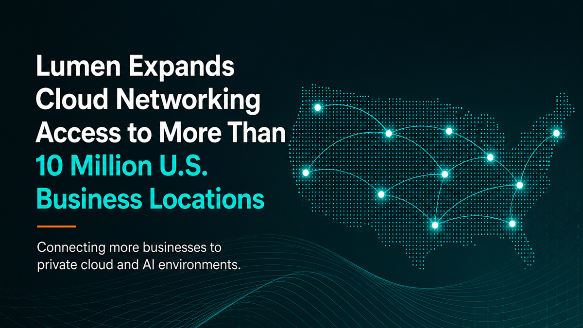 Featured graphic showing a connected U.S. map and digital network lines representing Lumen’s expanded cloud networking access to more than 10 million U.S. business locations