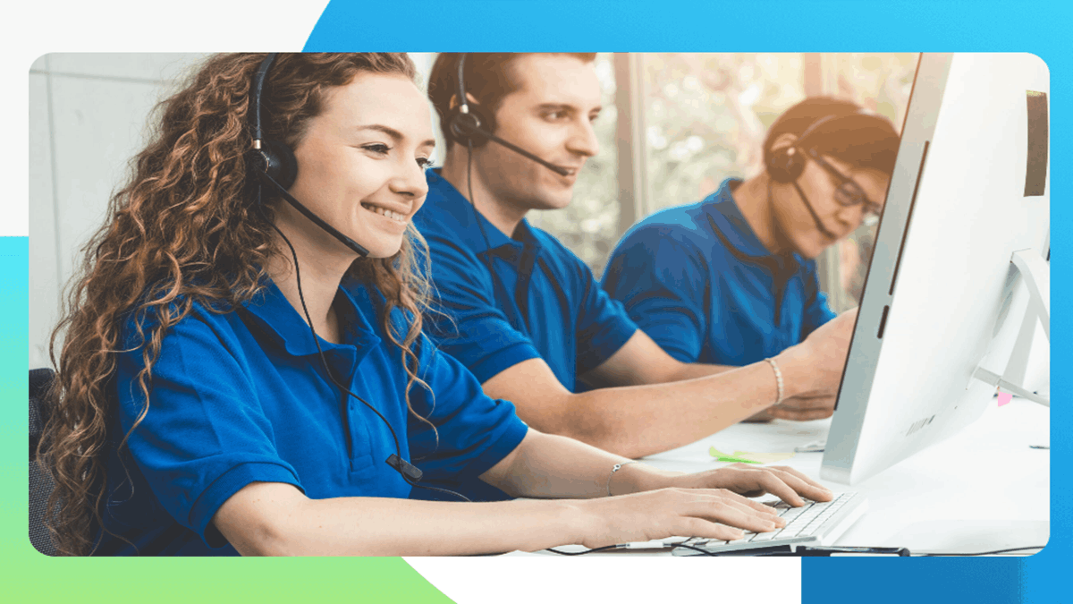 Customer service representatives wearing headsets working at computers in a modern contact center environment, assisting customers through digital channels