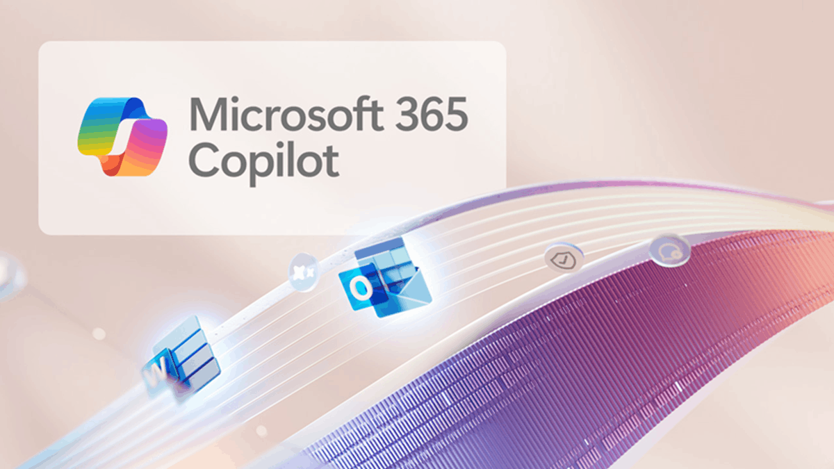 Microsoft 365 Copilot visual with app icons illustrating AI integration across productivity tools like Word, Excel, and Outlook