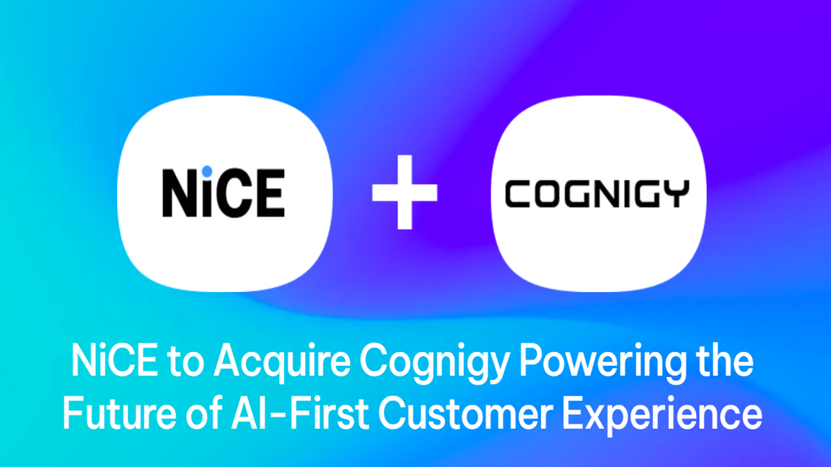 Logos of NICE and Cognigy with text stating NICE to acquire Cognigy to advance AI-first customer experience