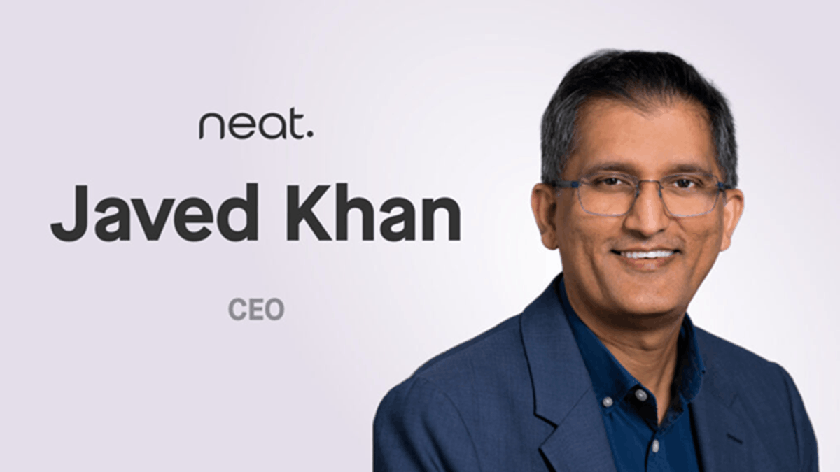 Portrait of Javed Khan with Neat branding, introducing him as Chief Executive Officer