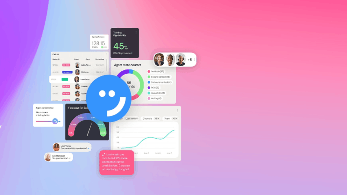 Illustration of AI-powered customer experience analytics dashboard with performance metrics, agent insights, forecasting charts, and customer engagement interface