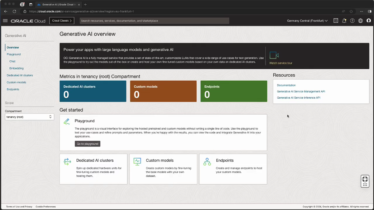 Interface of Oracle’s generative AI service