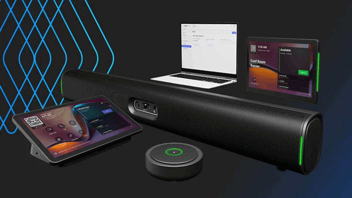 Q-SYS RoomSuite collaboration devices including collaboration bar, touchscreen controller, scheduling panel, and table microphone