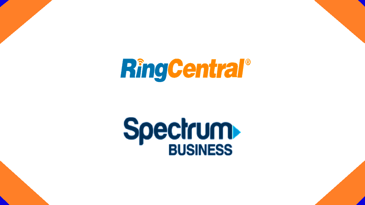 RingCentral and Spectrum Business’ logos on a white background with orange and blue corners