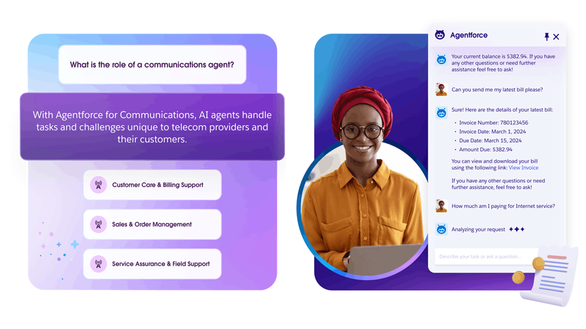Illustration of Salesforce Agentforce for Communications showing AI agents assisting telecom providers with billing support, sales management, and service operations through a conversational interface