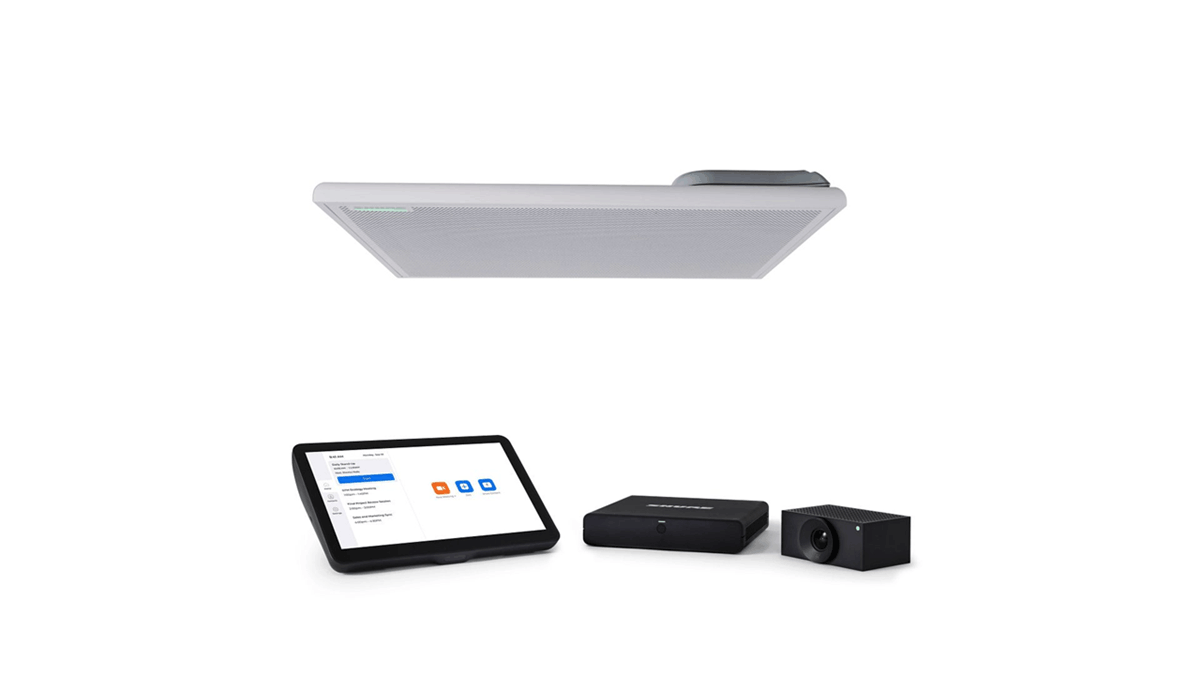 Shure IntelliMix Room Kit components, including the MXA902 ceiling array microphone and loudspeaker, touch panel, compute device, and camera for Zoom Spaces deployments