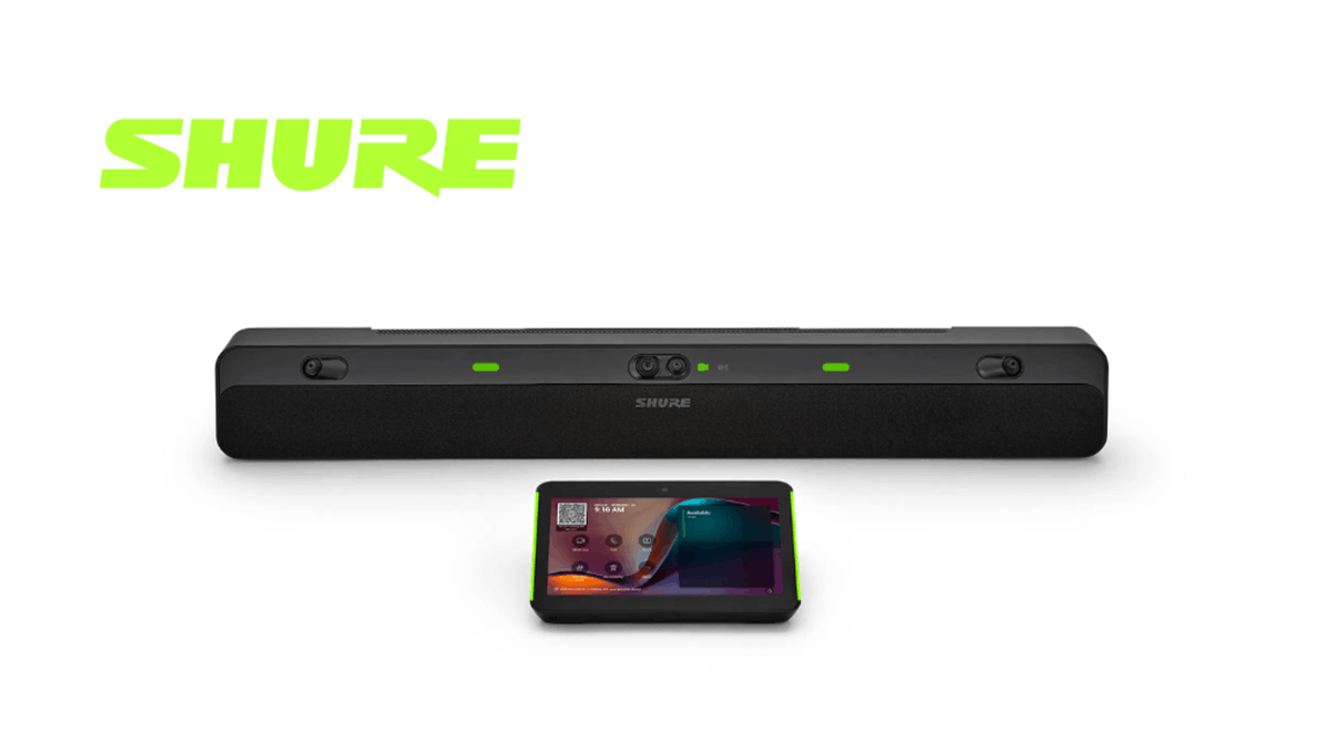 Shure’s logo in light green over the new IntelliMix Bar Pro with a white background