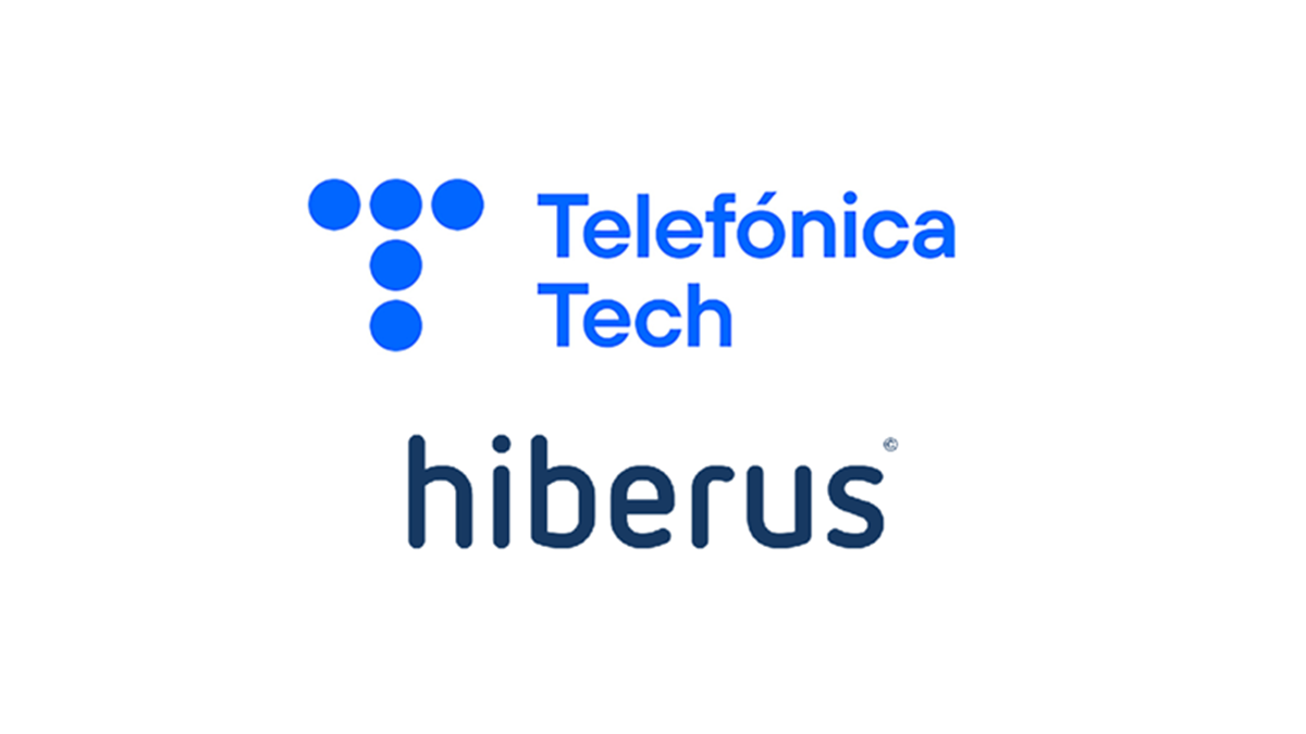 Telefónica Tech and Hiberus’s logos over a white background