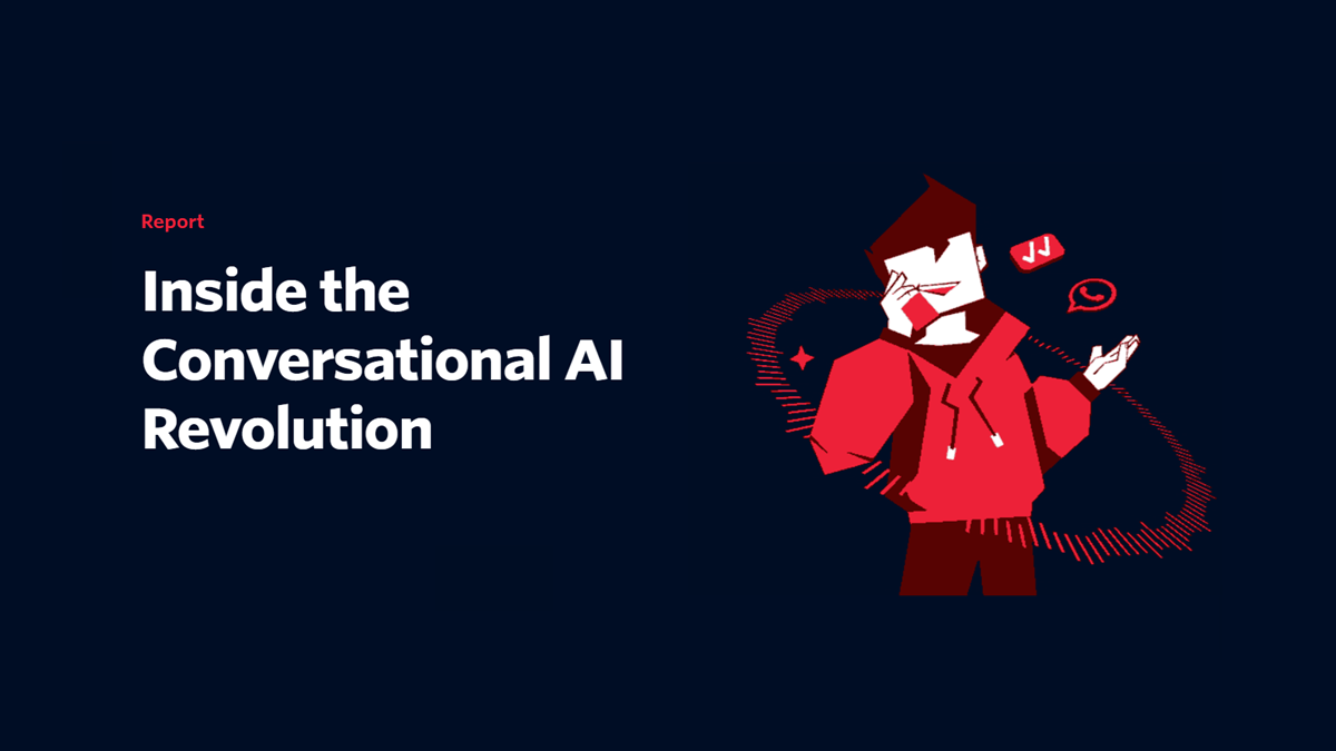 The text “Report: Inside the Conversational AI Revolution” beside graphics of a person using conversational AI