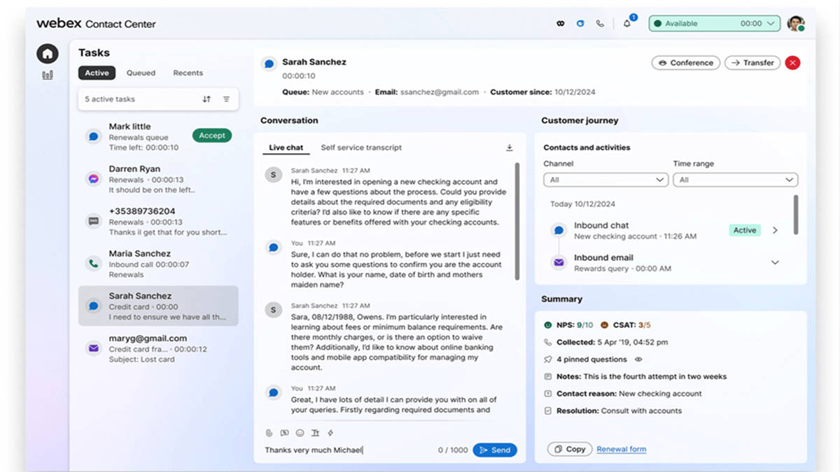 Webex Contact Center agent interface featuring its active tasks, live chats, contacts and activities, and summary
