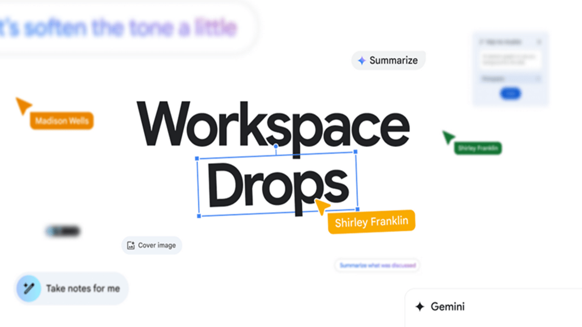 A graphic showcasing the phrase 'Workspace Drops' prominently in bold black text