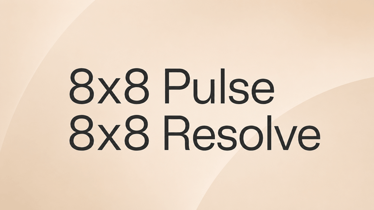 8x8 Pulse and 8x8 Resolve featured image with a minimalist beige background and bold product names in a modern sans-serif font