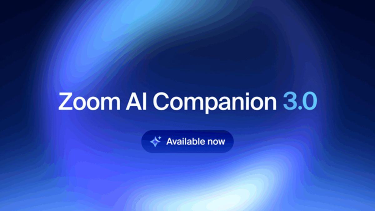The text “Zoom AI Companion 3.0 Available now” over a blurred background with shades of blue, black, and white