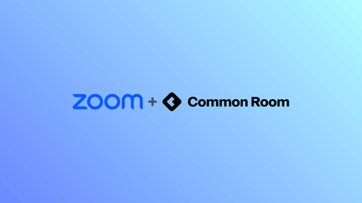 Zoom and Common Room logos displayed side by side on a blue gradient background, representing Zoom's planned acquisition of Common Room