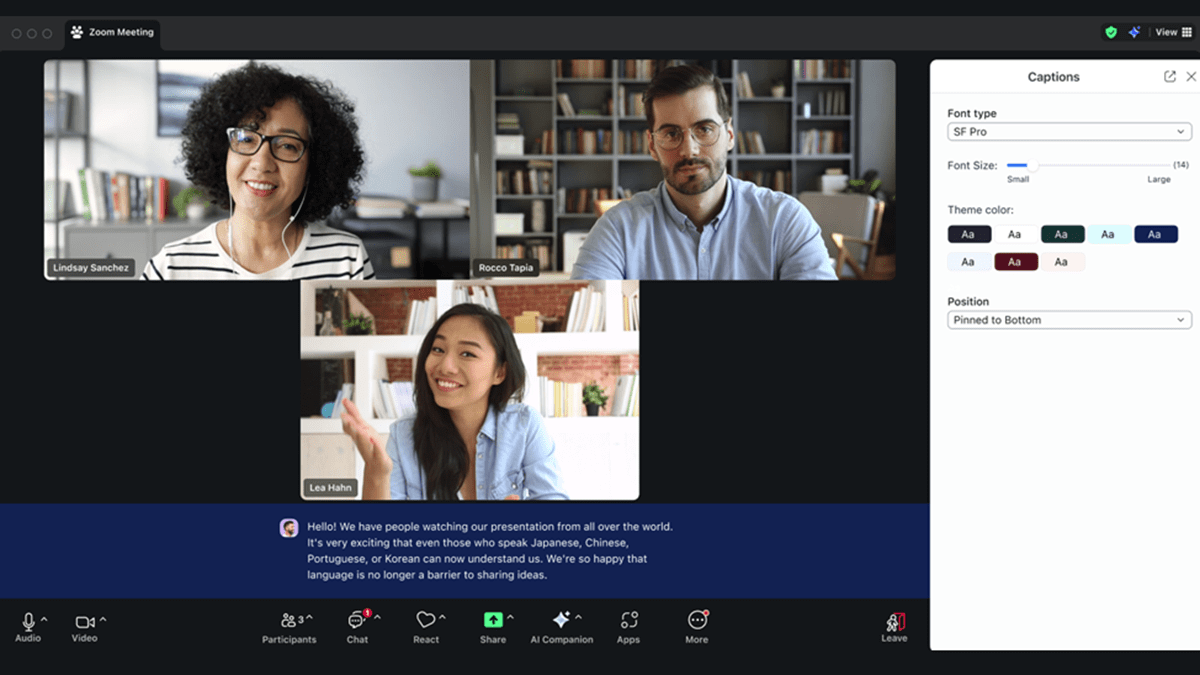 Zoom Meeting interface showing diverse participants collaborating smoothly, highlighting the use of AI-powered captions and real-time language translation