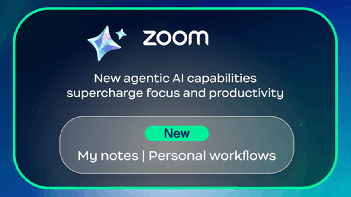 Zoom announcement graphic highlighting new agentic AI capabilities, including My notes and Personal workflows